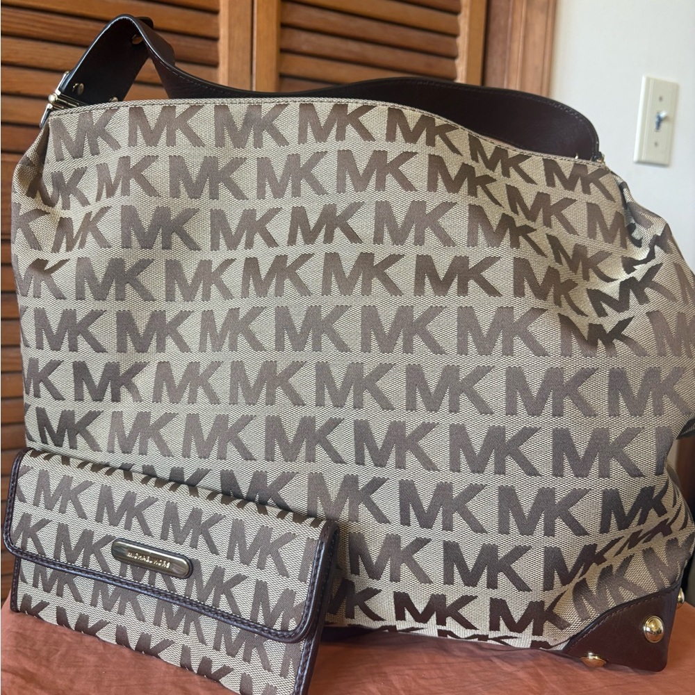 Michael Kors Beige and Brown MK Logo Tote with Matching Wallet